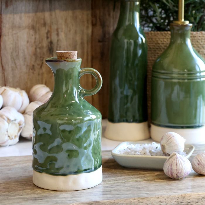 Olive Green Ceramic Jug with Cork Stopper - Distinctly Living