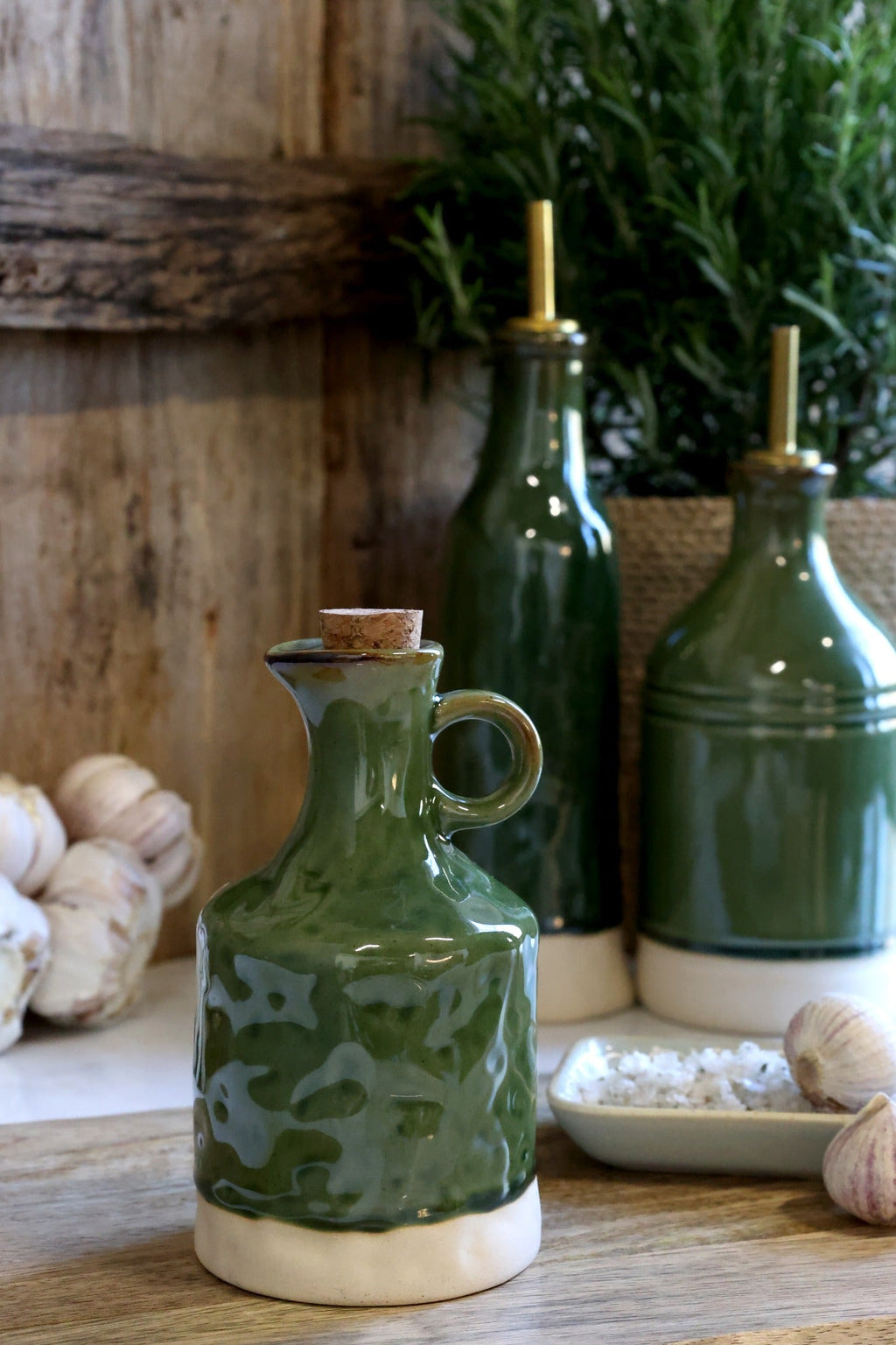 Olive Green Ceramic Jug with Cork Stopper - Distinctly Living