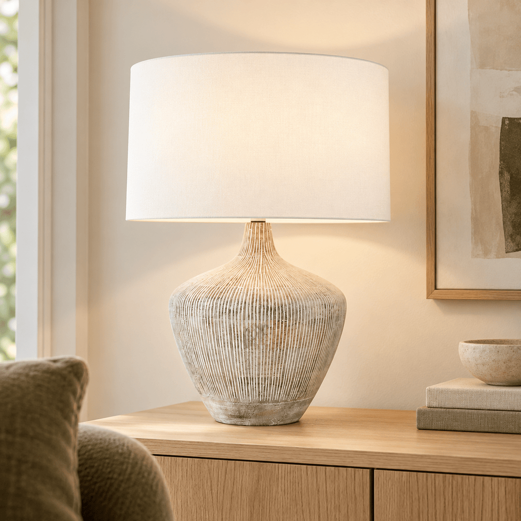 Orb White Wash Wooden Lamp and White Shade - Distinctly Living