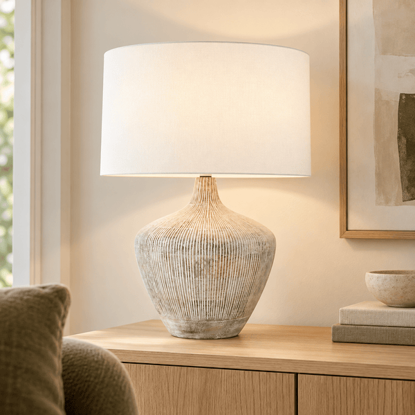 Orb White Wash Wooden Lamp and White Shade - Distinctly Living