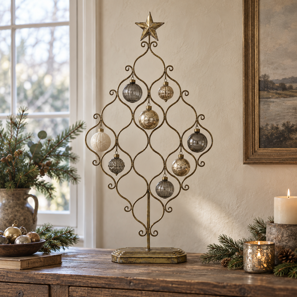 Ottilie antique brass bauble display tree styled in a warm Christmas interior