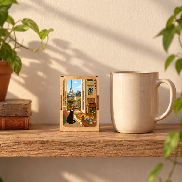 Paris Window With Black Cat mini jigsaw wooden box beside a mug