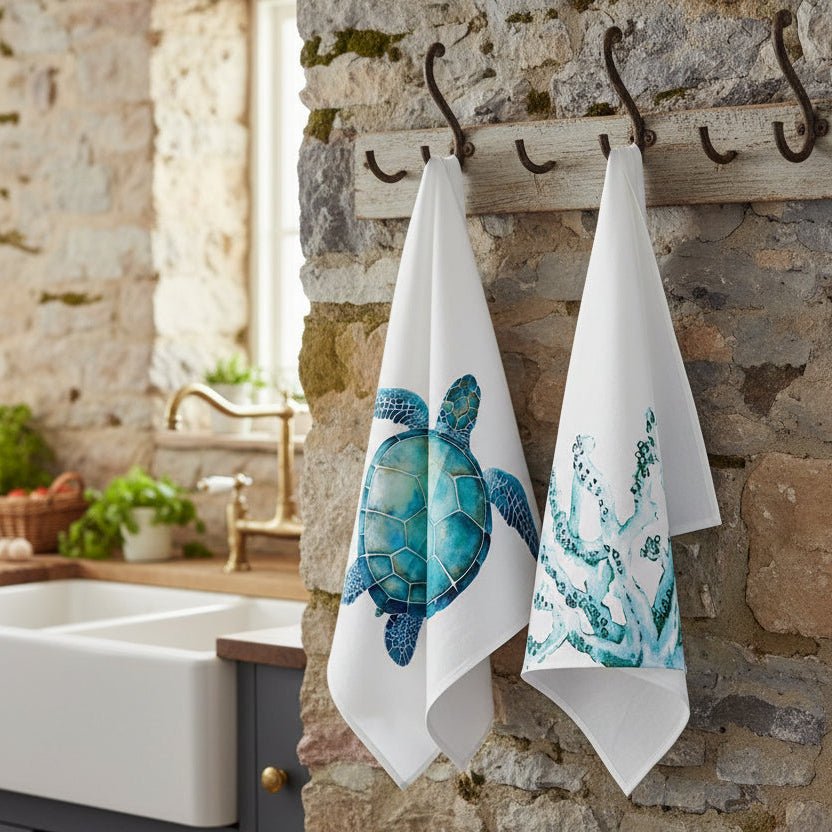 Paxos Blue Tea Towels - Turtle or Coral - Distinctly Living