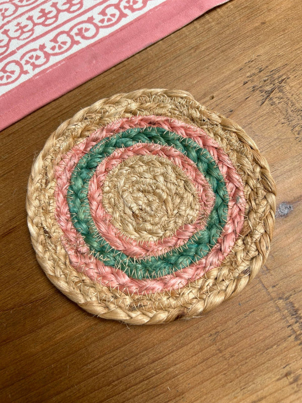 Pink and Green Jute Coasters - Set of 4 - Distinctly Living