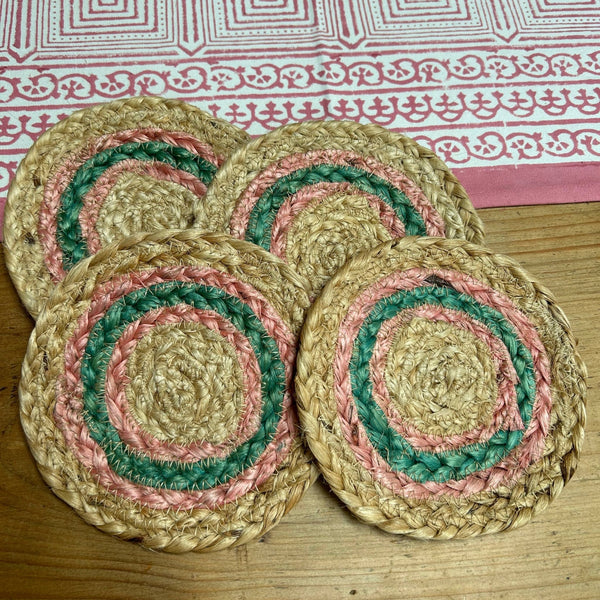 Pink and Green Jute Coasters - Set of 4 - Distinctly Living