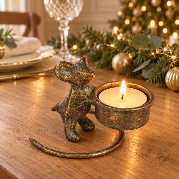 Pip antique gold mouse tealight holder on an oak Christmas table with greenery, gold decorations and warm candlelight