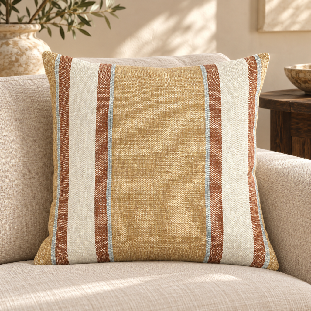 Ravello striped cushion in golden beige cream rust and pale blue on a linen sofa