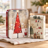 Red Fir Christmas soap gift tin with matching wrapped soap on linen and a light oak table