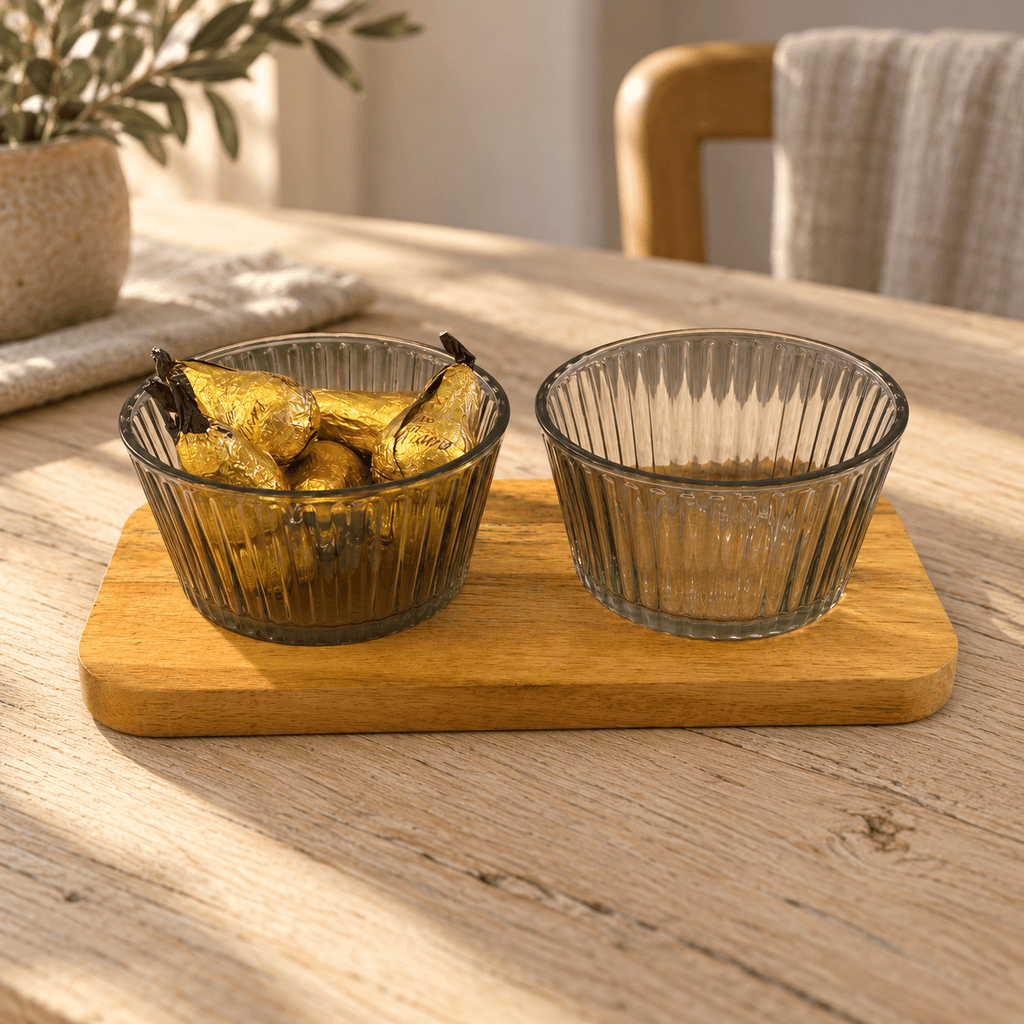 Riva Smoked Glass Bowls and Wooden Serving Board - Distinctly Living