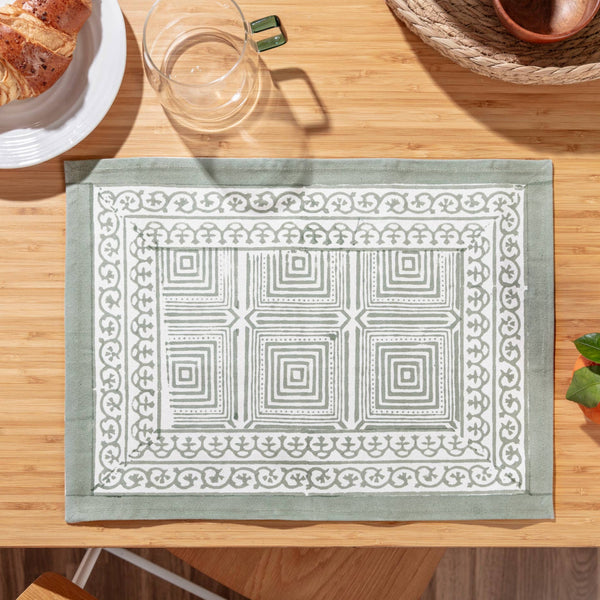 Sage Green Block Printed Geo Placemats - Set of 4 - Distinctly Living