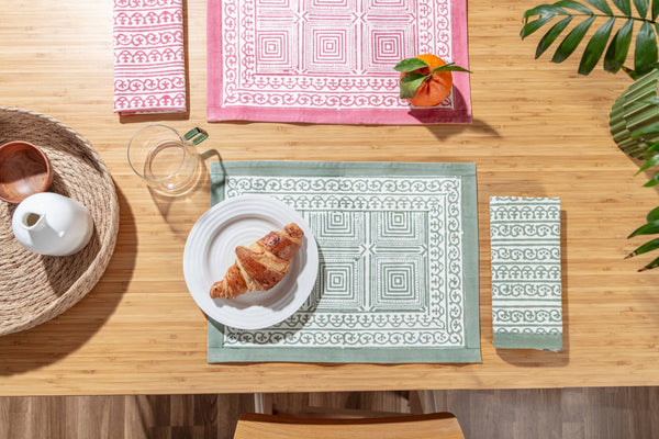 Sage Green Block Printed Geo Placemats - Set of 4 - Distinctly Living