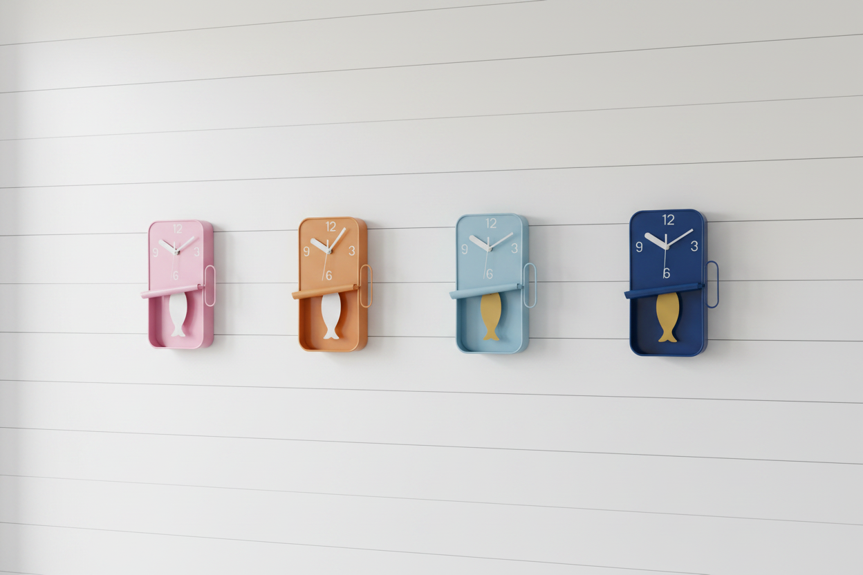 Sardine Tin Clocks Hero — Pink, Orange, Pale Blue, Dark Blue