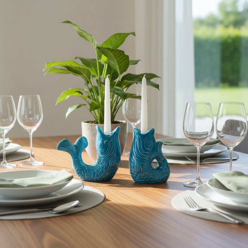 Set of 2 Fish Candle Sticks - White or Blue - Distinctly Living