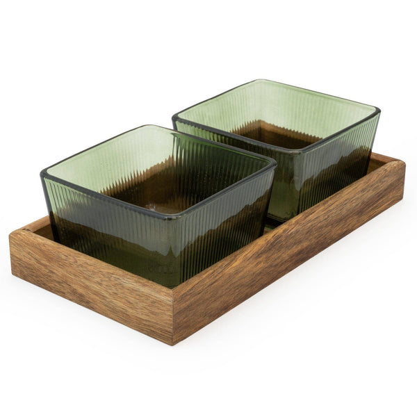 Set of 2 Green Glass Nibble Dishes on Tray - Distinctly Living