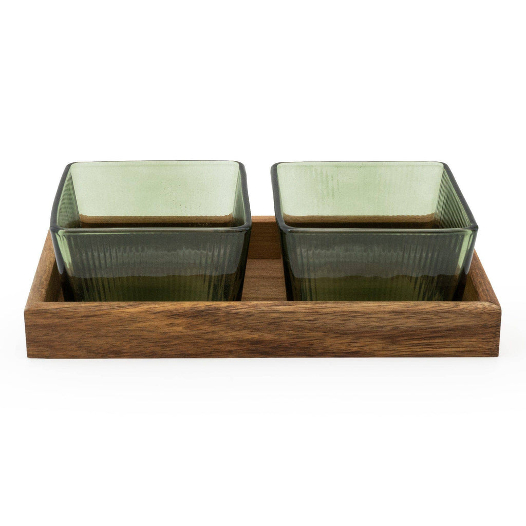 Set of 2 Green Glass Nibble Dishes on Tray - Distinctly Living