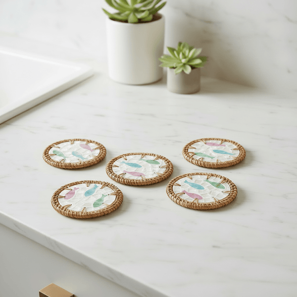 Set of 4 Mosaic Fish Coasters and Rattan Holder - Distinctly Living