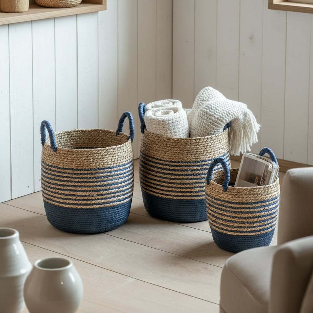 Set of Three Coastal Stripe Baskets - Blue or Green - Distinctly Living