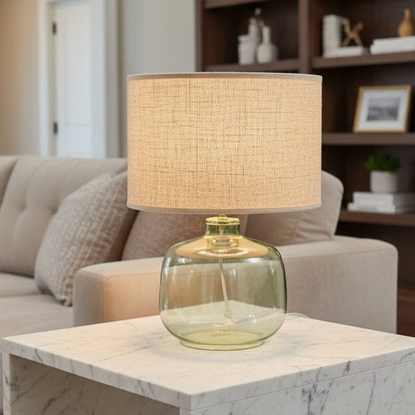 Small Green Glass Table Lamp and Linen Shade - Distinctly Living