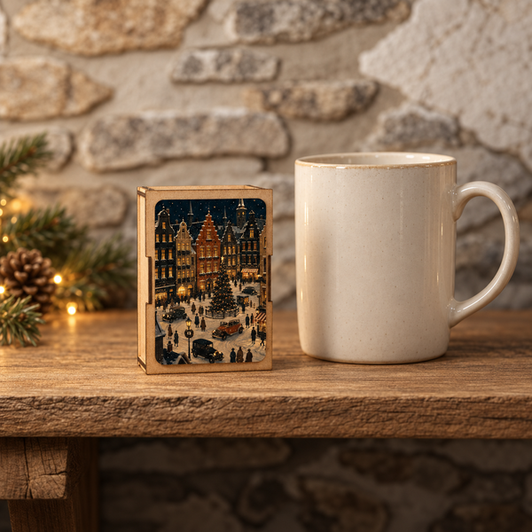 Snowy Christmas Town Square mini jigsaw wooden box beside a mug