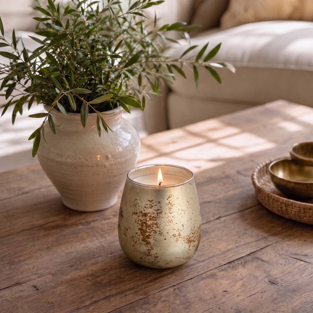 Solenne gingerbread candle in a mottled gold toned vessel on a wooden table