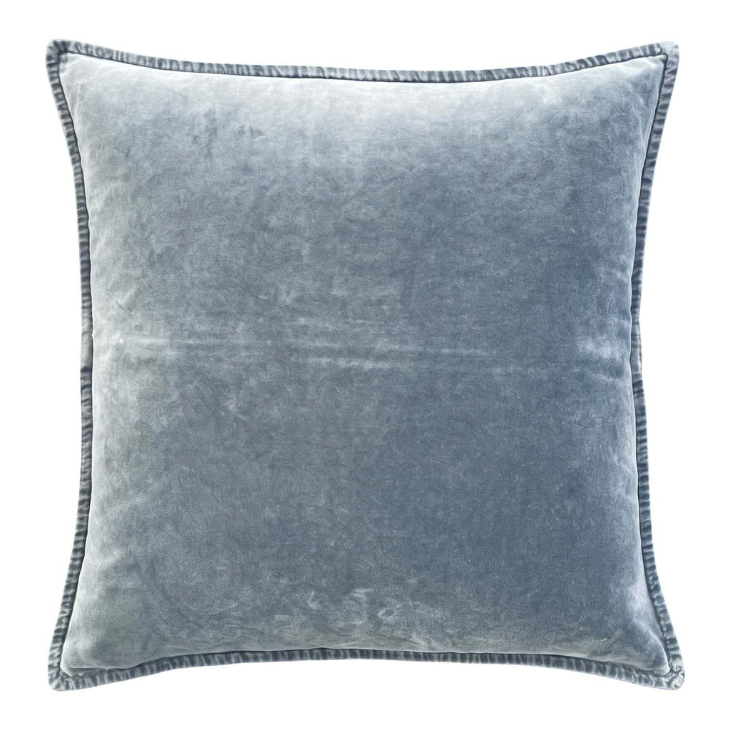 Square indigo blue stonewashed cotton velvet cushion with a stitched border