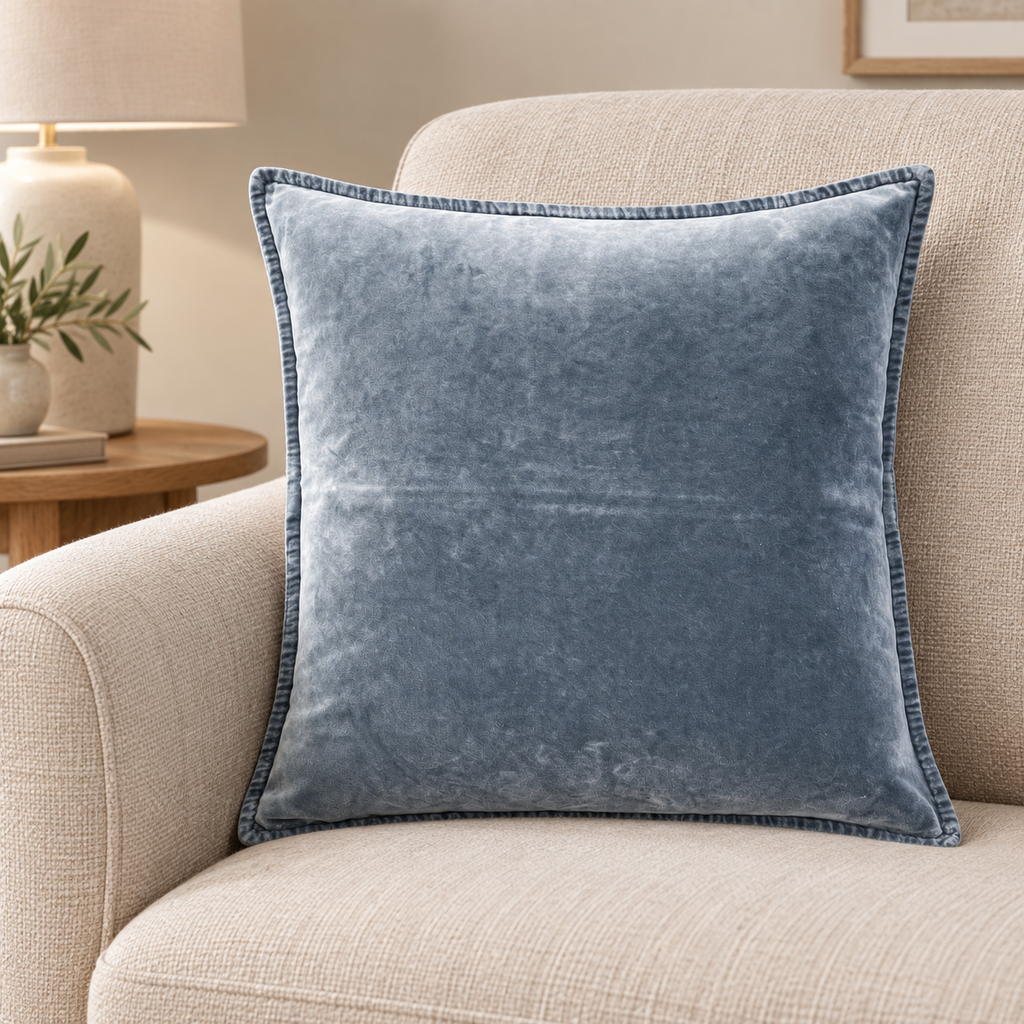 Sorella indigo stonewashed cotton velvet cushion on an oatmeal armchair