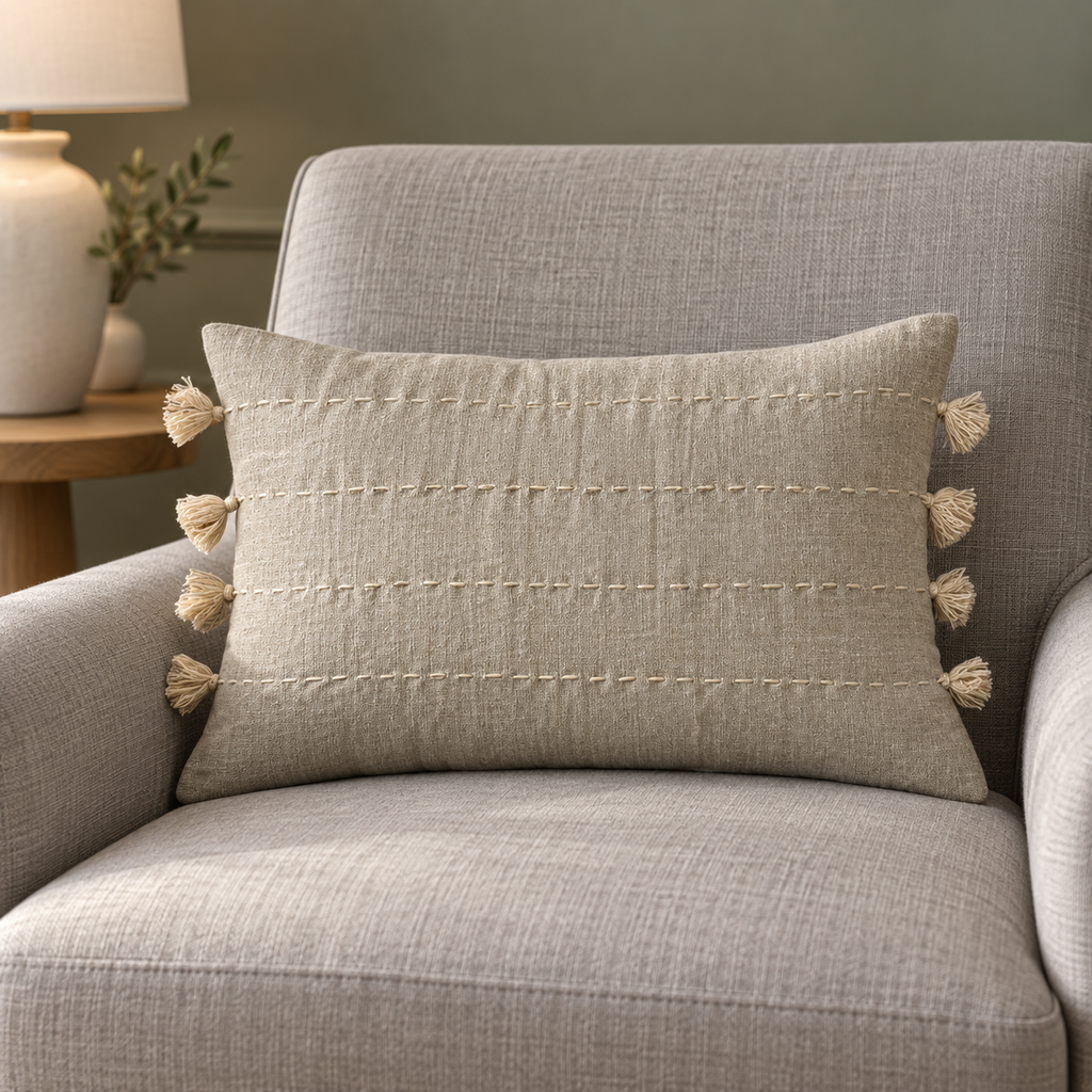 Taormina natural linen cushion with four stitched rows and eight tassels on a grey armchair