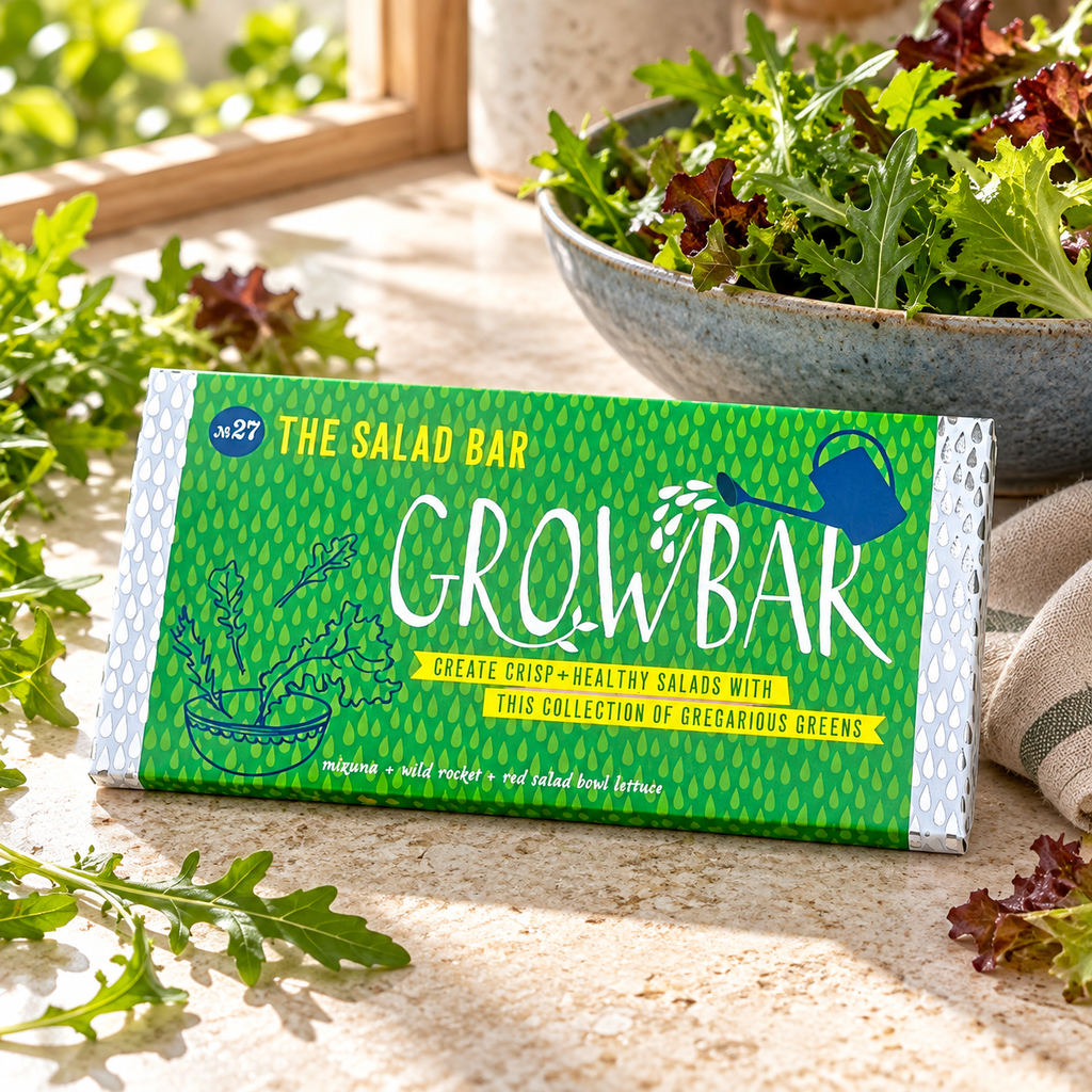 Salad Growbar on a kitchen worktop with fresh mixed salad leaves