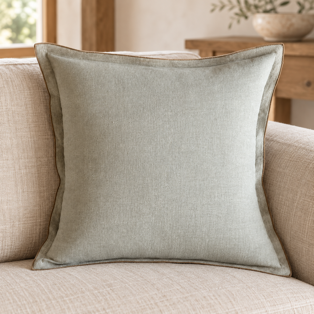 Tivoli pale sage linen cushion with tobacco edging on a linen sofa