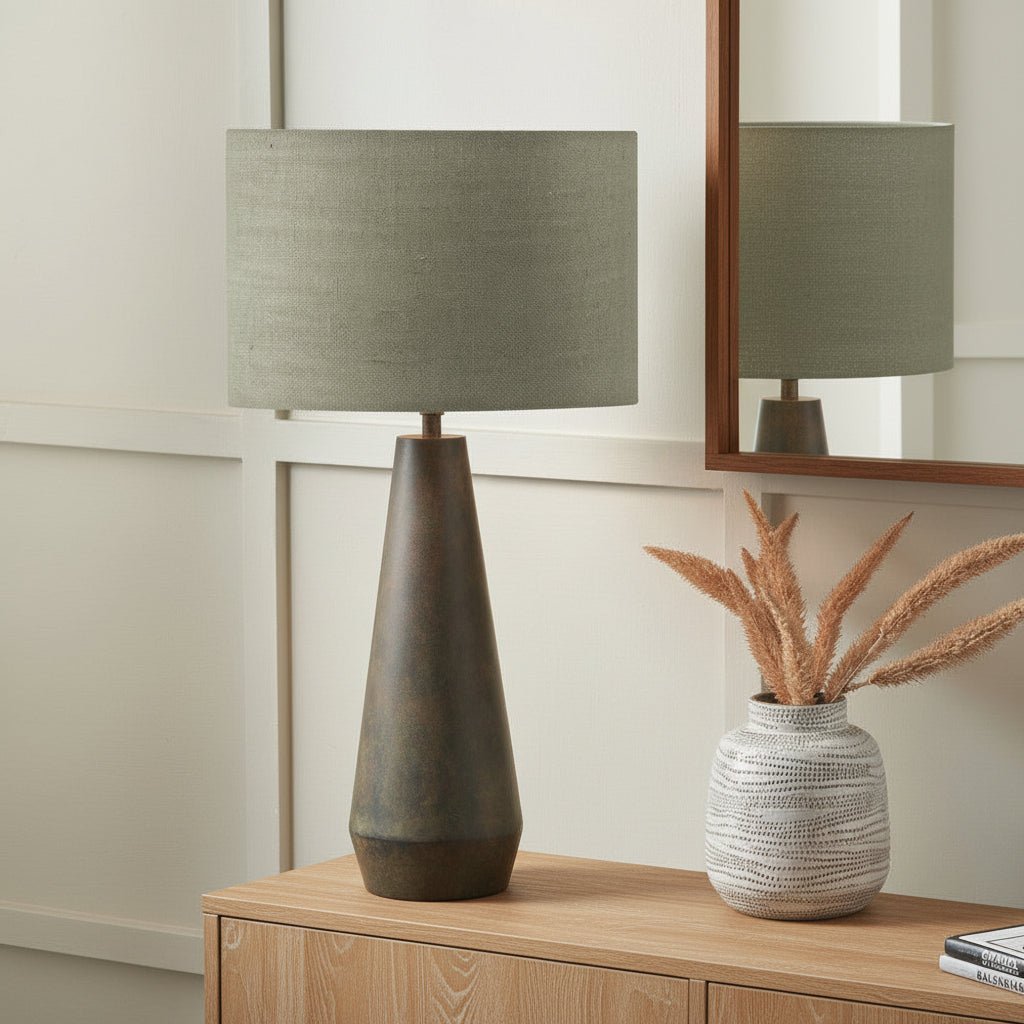 Verdi Gris Metal Table Lamp with Pistachio Linen Shade - Distinctly Living