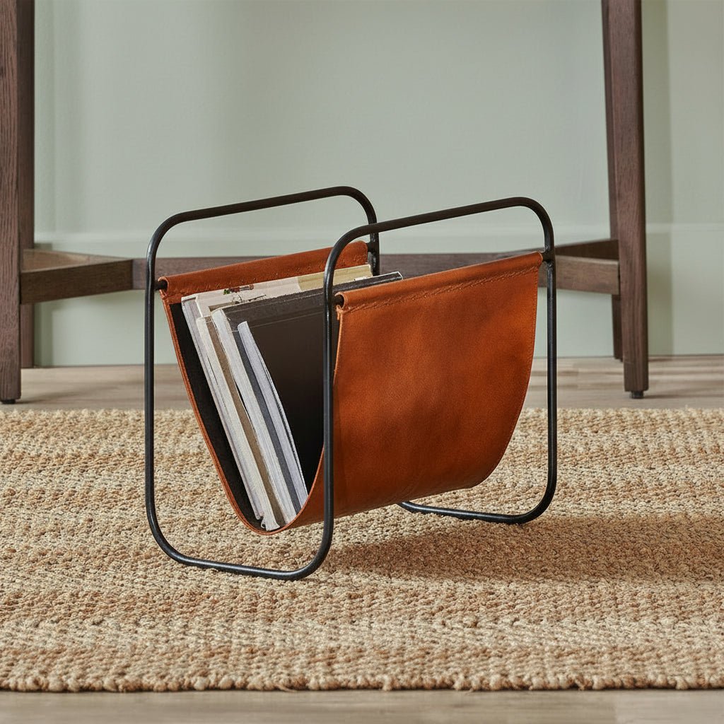 Vintage Brown Leather Magazine Rack - Distinctly Living