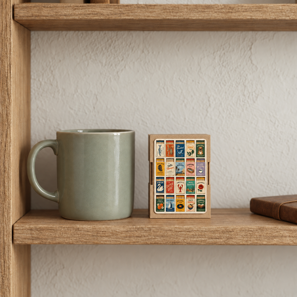 Vintage Matchbox Collection mini jigsaw wooden box beside a mug