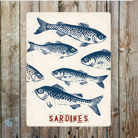 Vintage Stamp Illustration of Sardines Metal Sign Plaque - Distinctly Living