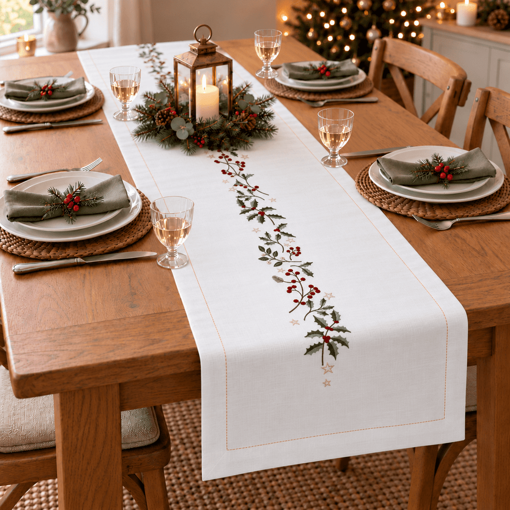 Winter Hedgerow Christmas Table Runner – White - Distinctly Living