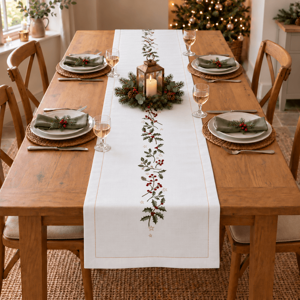 Winter Hedgerow Christmas Table Runner – White - Distinctly Living