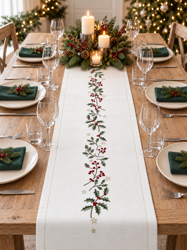 White holly embroidered Christmas table runner on an oak table with silver cutlery, plain glasses and candlelit greenery