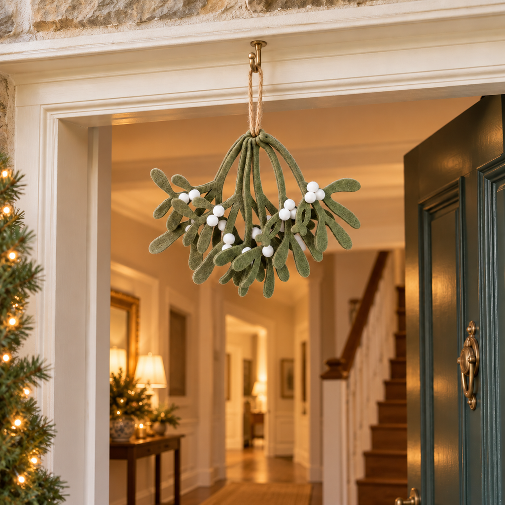 Winter Kiss olive green felt mistletoe with white berries hanging centrally above an open front doorway
