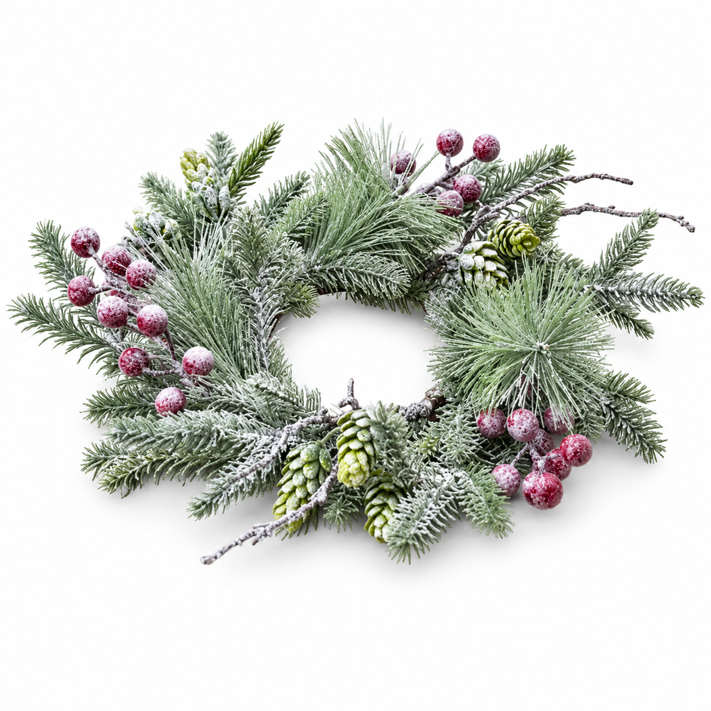 Winterwood Snowy Berry Candle Ring on white, showing its open centre, snowy pine branches, red berries and pinecones