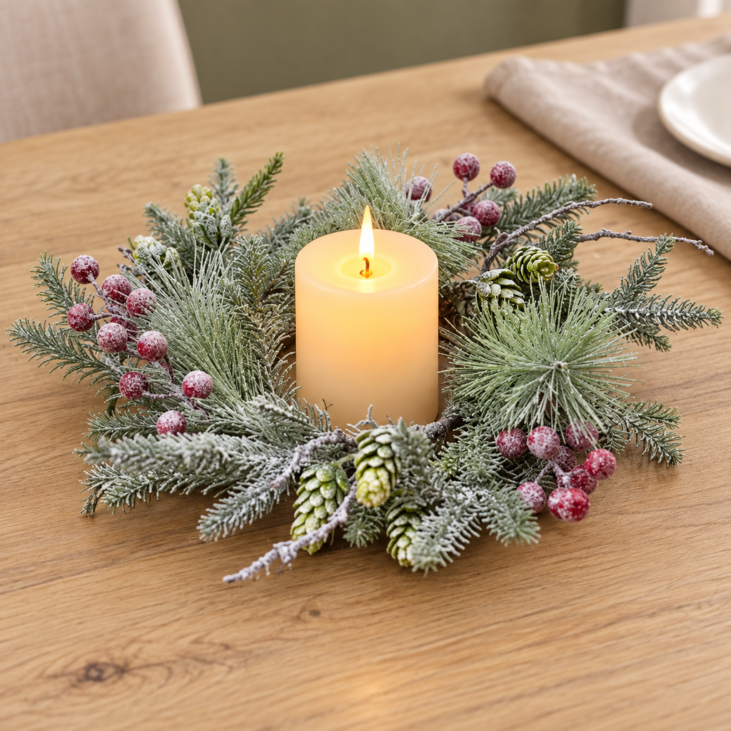 Winterwood Snowy Berry Candle Ring with frosted pine, red berries and pinecones around an ivory candle on an oak table