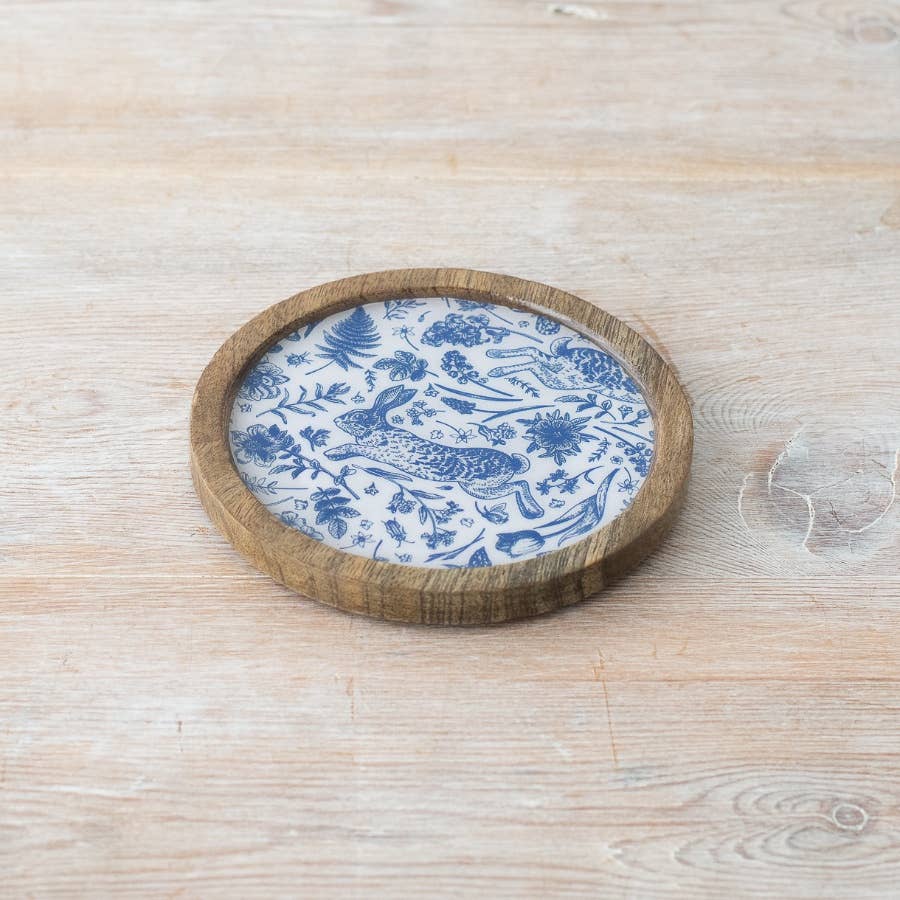 Wooden Coaster Round With Lip Hare Design - Distinctly Living