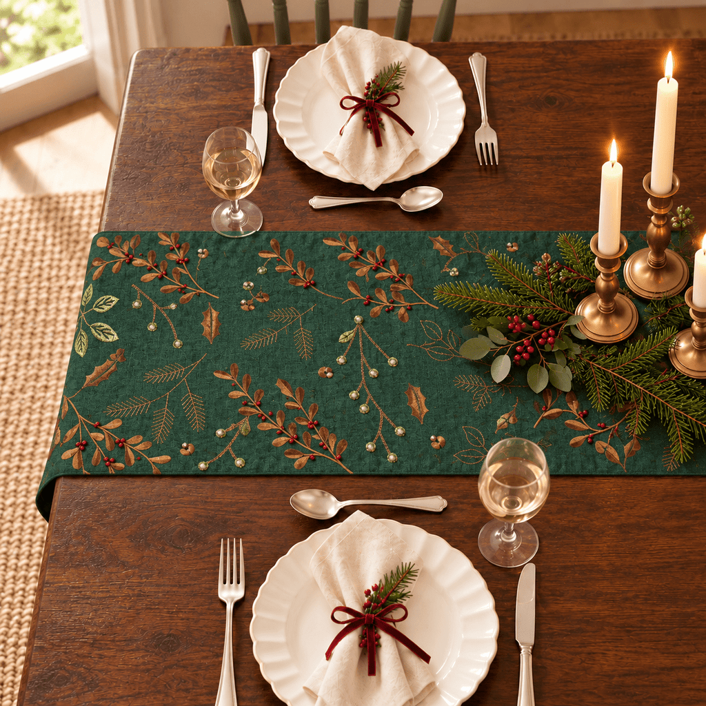 Woodland Berry Beaded Christmas Table Runner – Green - Distinctly Living
