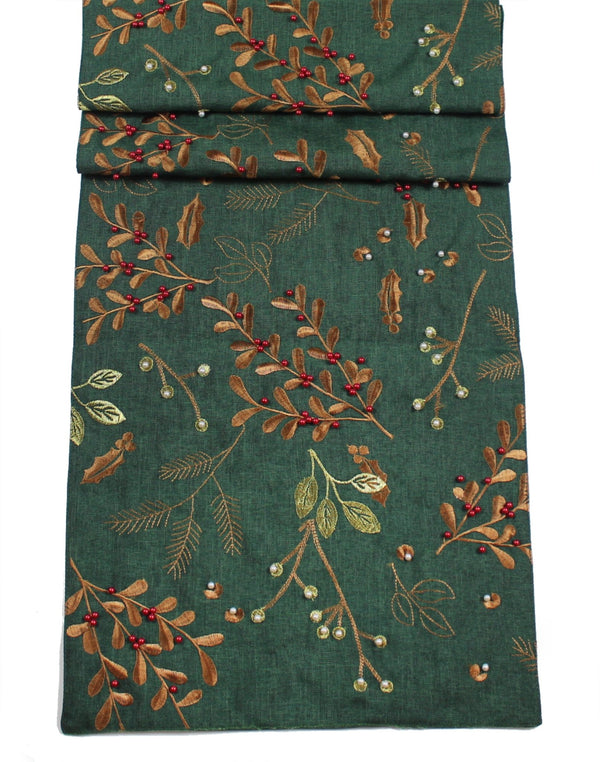 Woodland Berry Beaded Christmas Table Runner – Green - Distinctly Living