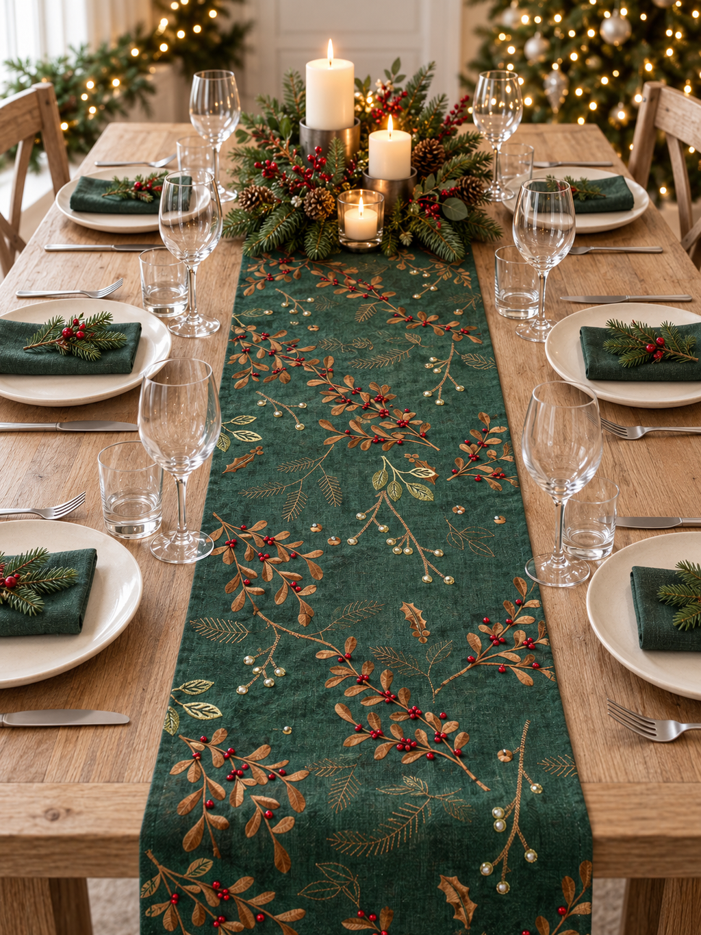 Green beaded Christmas table runner on an oak table with silver cutlery, plain glasses and candlelit greenery