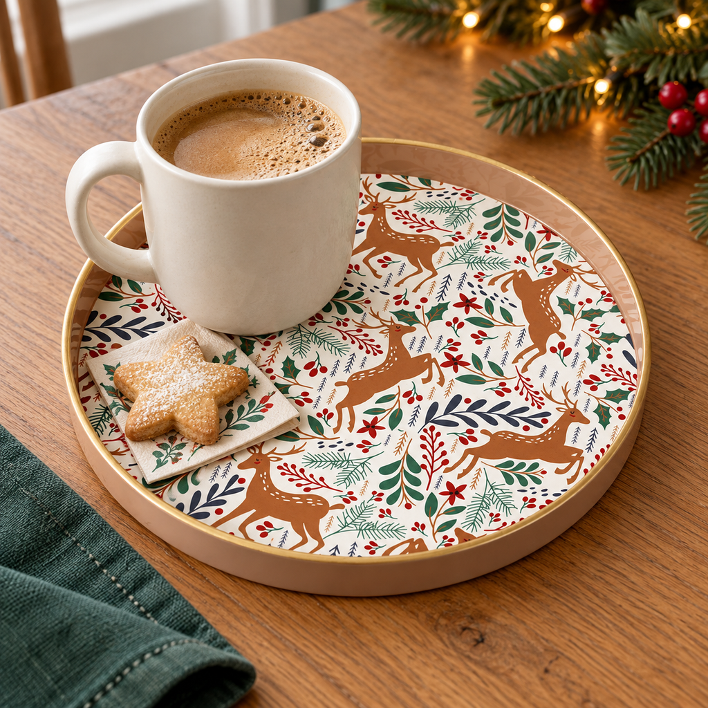 Small 22 cm Woodland Noel reindeer Christmas tray with a full-sized coffee mug and a star biscuit