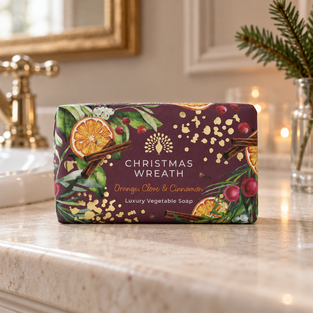 Christmas Wreath Soap - Orange, Clove & Cinnamon in a naturally lit festive bathroom setting