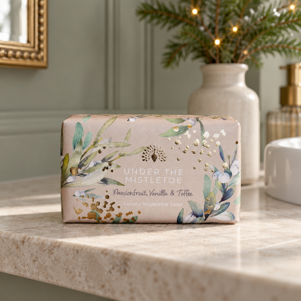 Christmas Tidings Under the Mistletoe Soap in a naturally lit festive bathroom setting