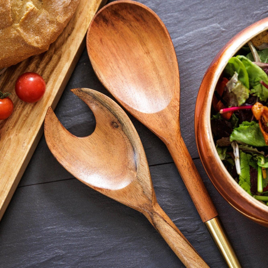 Acacia Wood And Gold Salad Servers - Distinctly Living