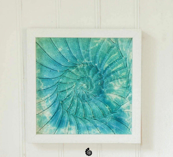 Handmade Glass Picture - Ammonite - Turquoise and Blue - Distinctly Living
