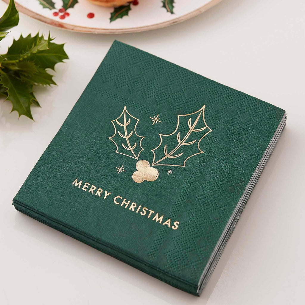 Merry Christmas Green Holly Napkins - Distinctly Living