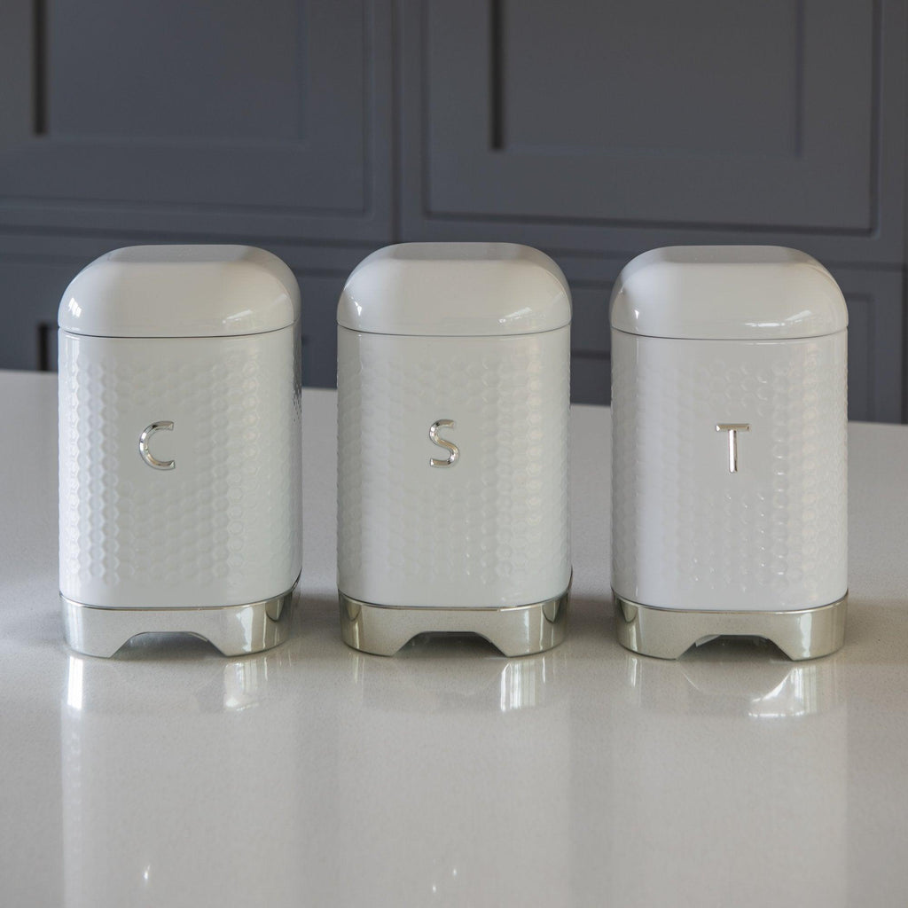 Set of 3 Sugar, Coffee, Tea Canisters / Caddies Hex Design - White, Blue or Silver Grey - Distinctly Living